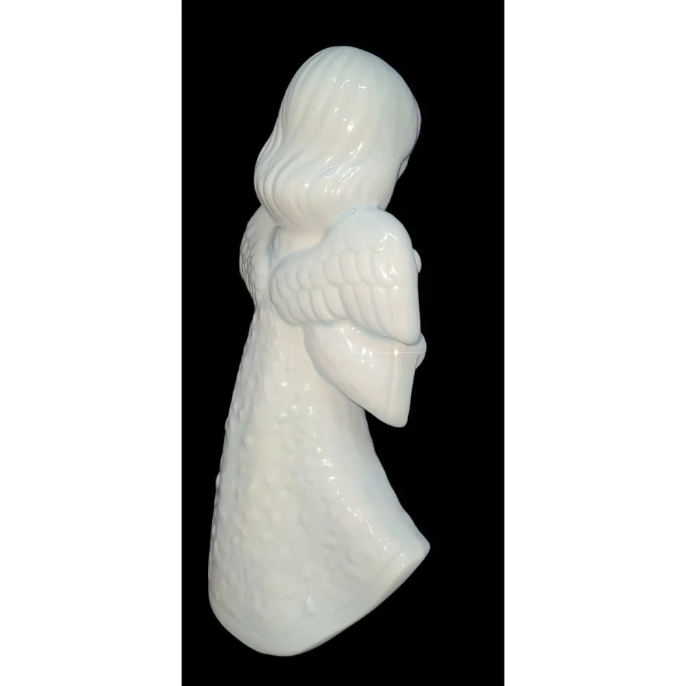 Vintage 8-in Ceramic Angel Girl Playing Harp Mid-century figurine‎ Light Blue